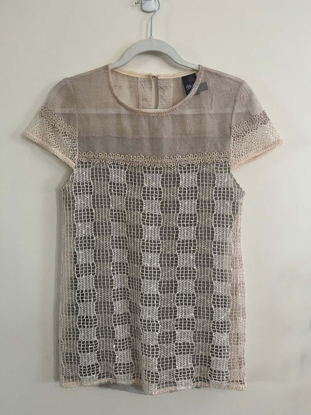 Vintage ANAC Lace Boho Top Mesh Cream Sequin Festival Layered Cap Sleeve M